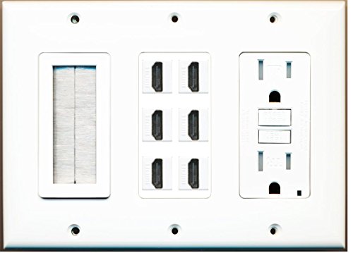 RiteAV - (3 Gang 15A GFCI Outlet Mesh-Brush 6 HDMI Wall Plate White