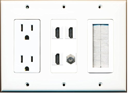 RiteAV - (3 Gang 15A Power Outlet Mesh-Brush 3 HDMI Coax Wall Plate White