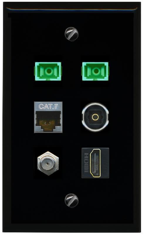 RiteAV CAT7 Coax HDMI 2 SC APC Simplex Fiber TOSLINK Flat/Solid Wall Plate [Black]