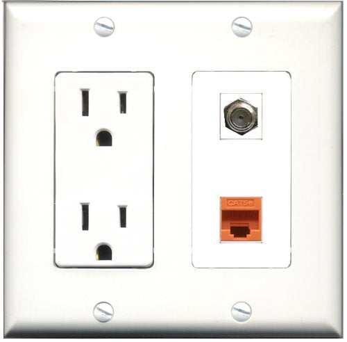RiteAV - 15 Amp Power Outlet and 1 Port Coax Cable TV- F-Type and 1 Port Cat5e Ethernet Orange Decorative Type Wall Plate White