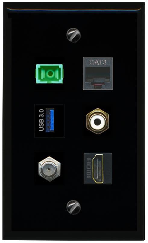 RiteAV Coax HDMI Phone RCA White SC APC Simplex Fiber USB 3 Flat/Solid Wall Plate [Black]