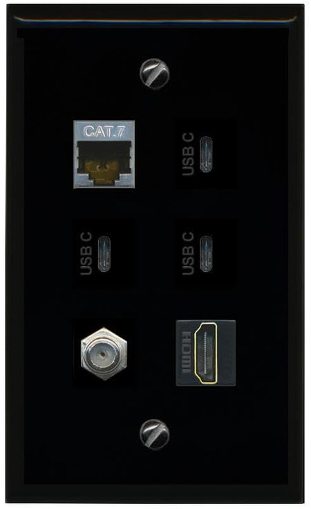 RiteAV CAT7 Coax HDMI 3 USBC Flat/Solid Wall Plate [Black]