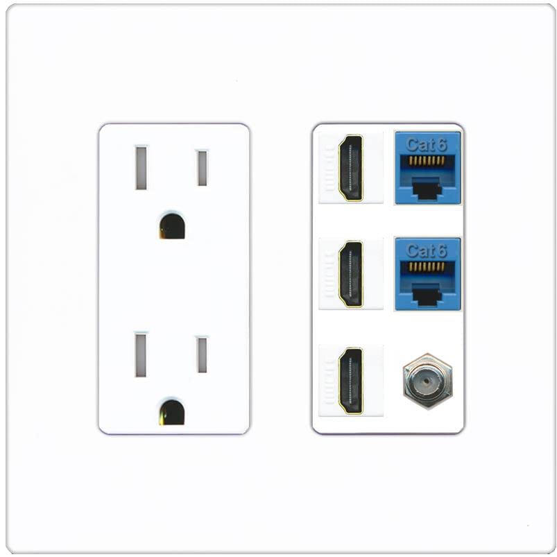 RiteAV 3 HDMI Wall Plate 2 Cat6 1 Coax - Tamper-Resistant [Screwless White]