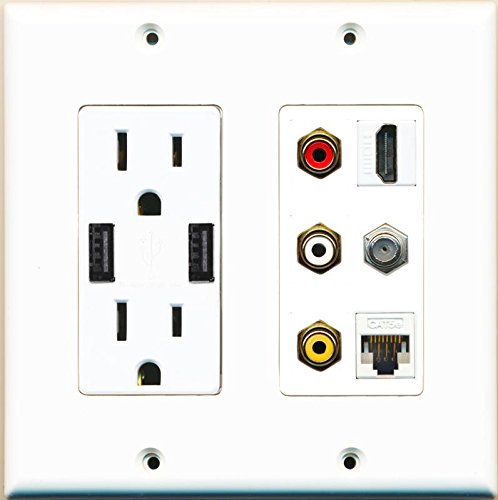 RiteAV 15 Amp 125V Power Outlet (2 Powered USB Charger Receptacle) Cat5e Coax Composite Hdmi Wall Plate