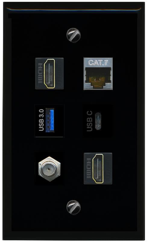 RiteAV CAT7 Coax 2 HDMI USB 3 USBC Flat/Solid Wall Plate [Black]