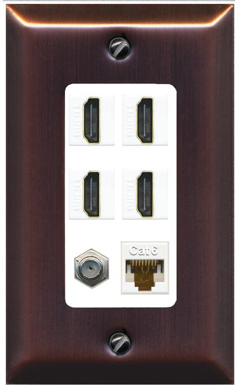 RiteAV 4 Port HDMI 1 Coax Cable TV- F-Type 1 Cat6 Ethernet Wall Plate - 1 Gang [Brushed-Copper/White]