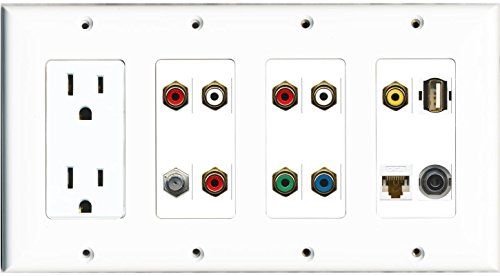 RiteAV 15A 125V Power Outlet Coax Cable TV Cat6 Rj45 Ethernet 3 Component Video 2 RCA White RCA Yellow 3.5mm USB A-A Wall Plate 2G Decorativet