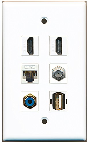 RiteAV - 2 HDMI 1 Port RCA Blue 1 Port Coax Cable TV- F-Type 1 Port USB A-A 1 Port Cat5e Ethernet White Wall Plate