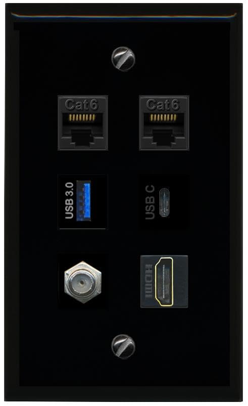 RiteAV 2 CAT6 Coax HDMI USB 3 USBC Flat/Solid Wall Plate [Black]