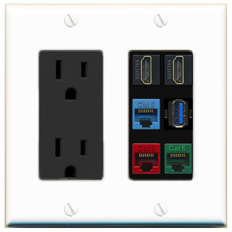 RiteAV 2 HDMI 3 Cat6 Ethernet USB3 Mixed Color Wall Plate - Outlet [White/Black]