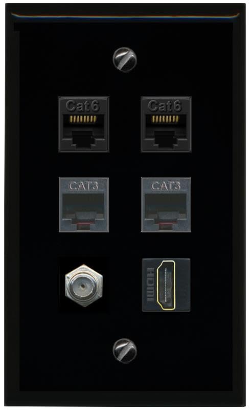 RiteAV 2 CAT6 Coax HDMI 2 Phone Flat/Solid Wall Plate [Black]