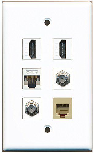 RiteAV - 2 HDMI 2 Port Coax Cable TV- F-Type 1 Port Phone RJ11 RJ12 Beige 1 Port Cat5e Ethernet White Wall Plate