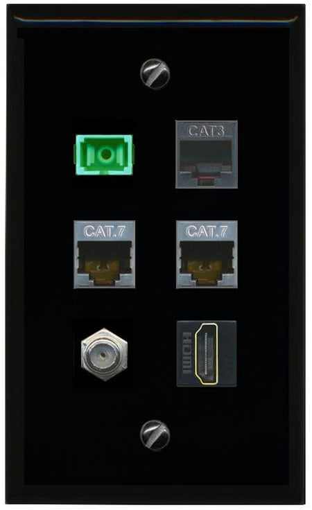 RiteAV 2 CAT7 COAX HDMI PHONE SC APC Simplex Fiber Flat/Solid Wall Plate [Black]