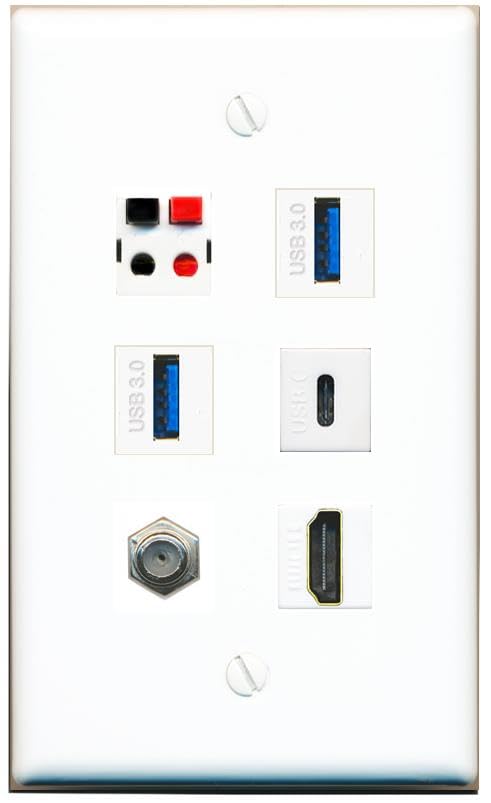 RiteAV Coax HDMI Speaker 2 USB-3 USBC Flat/Solid Wall Plate [White]