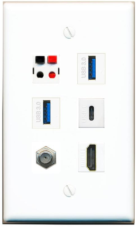 RiteAV Coax HDMI Speaker 2 USB-3 USBC Flat/Solid Wall Plate [White]