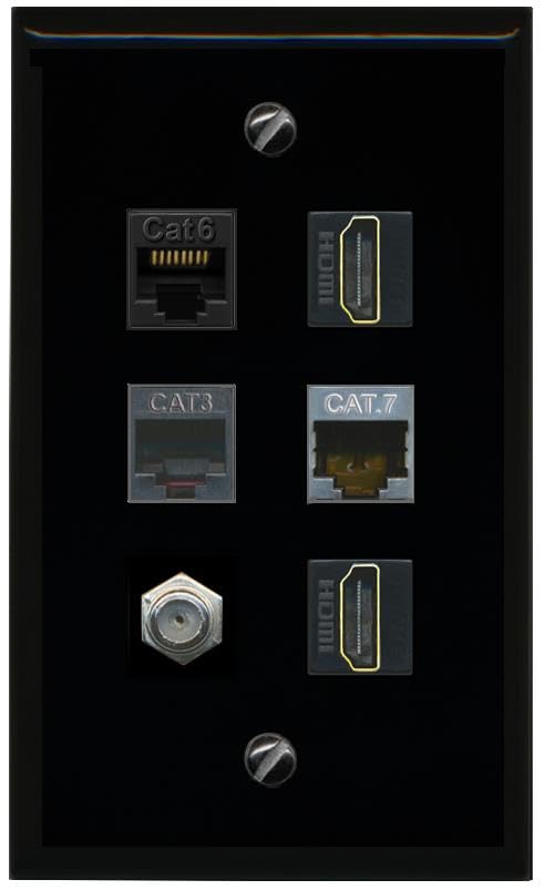 RiteAV CAT6 CAT7 Coax 2 HDMI Phone Flat/Solid Wall Plate [Black]