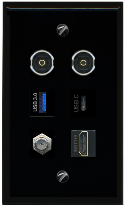 RiteAV Coax HDMI 2 TOSLINK USB 3 USBC Flat/Solid Wall Plate [Black]