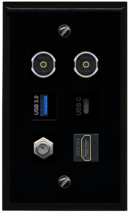 RiteAV Coax HDMI 2 TOSLINK USB 3 USBC Flat/Solid Wall Plate [Black]