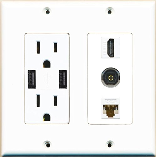 RiteAV Power Outlet 2 USB Charger HDMI Cat6 Ethernet Toslink Wall Plate White