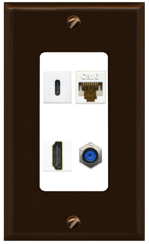 RiteAV USBC HDMI Cat6 Coax F81 Wall Plate - 1 Gang [Brown/White]