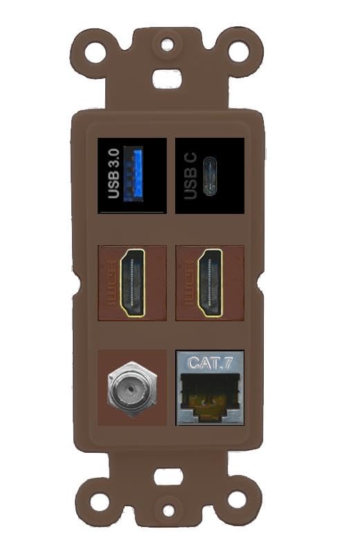 RiteAV USB 3 USB C 2 HDMI Coax Cat7 Wall Plate - Rocker [Brown/Brown]