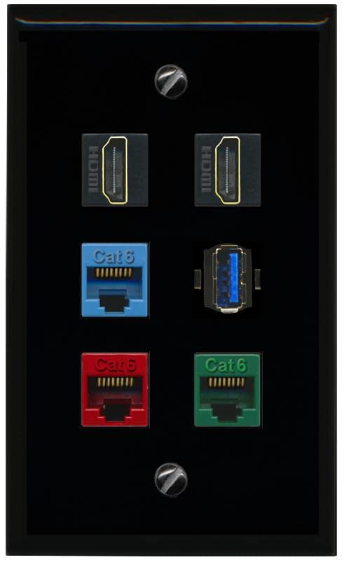 RiteAV 2 HDMI 3 Cat6 Ethernet USB3 Mixed Color Wall Plate - Flat [Black/Black]