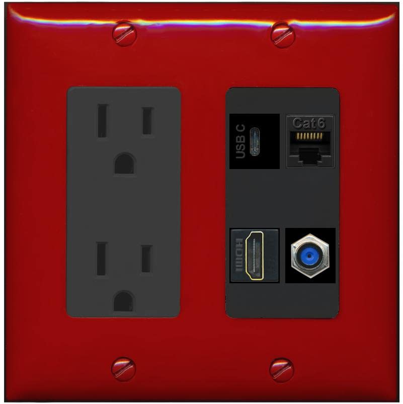 RiteAV USBC HDMI Cat6 Coax F81 Wall Plate - Outlet [Red/Black]