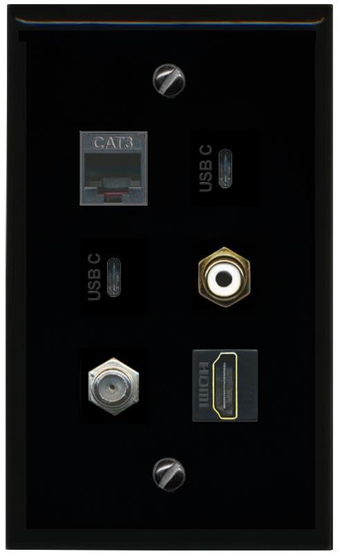 RiteAV Coax HDMI Phone RCA White 2 USBC Flat/Solid Wall Plate [Black]