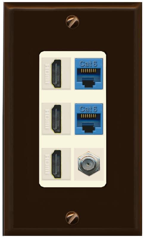 RiteAV 3 HDMI Wall Plate 2 Cat6 1 Coax - 1 Gang [Brown/Light-Almond]