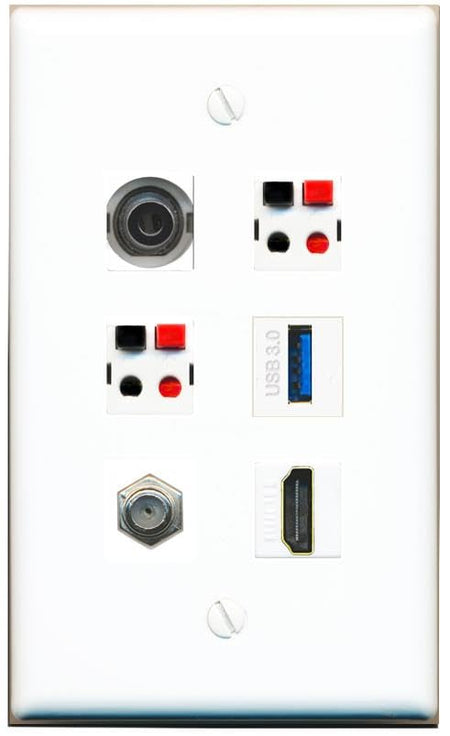 RiteAV 3.5mm COAX HDMI 2 SPEAKER USB-3 Flat/Solid Wall Plate [White]