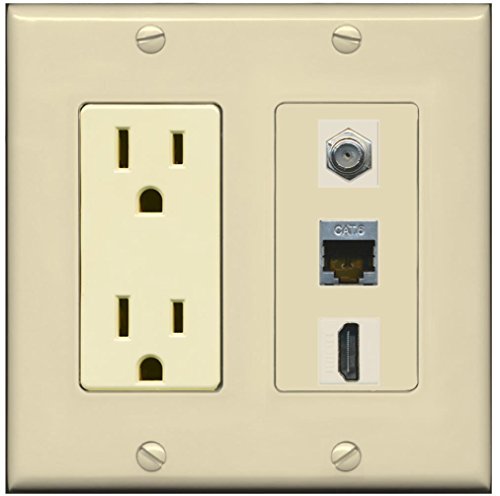 RiteAV - 15 Amp Power Outlet 1 Port HDMI Coax Shielded Cat6 Ethernet Ethernet Wall Plate - Ivory