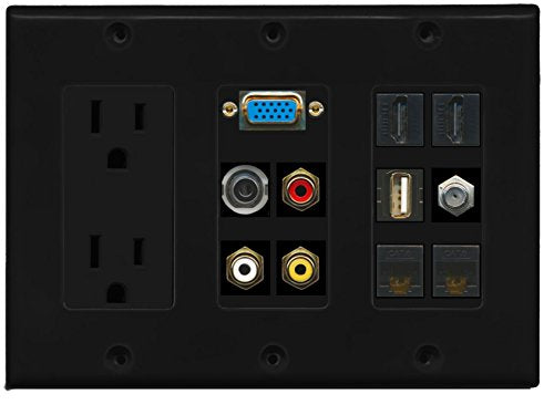 RiteAV 2 Hdmi 2 Cat6 3.5mm RCA Composite Coax USB-A SVGA Power Outlet Wall Plate - Black