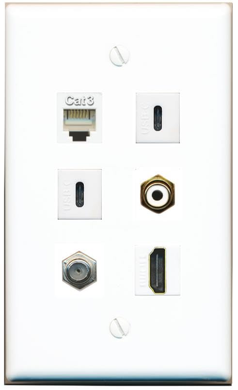 RiteAV Coax HDMI Phone RCA-White 2 USBC Flat/Solid Wall Plate [White]