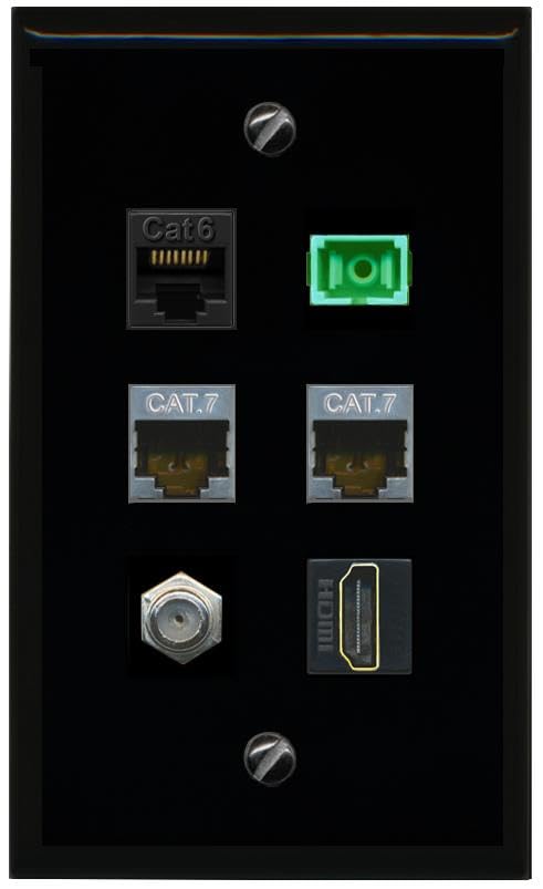 RiteAV CAT6 2 CAT7 COAX HDMI SC APC Simplex Fiber Flat/Solid Wall Plate [Black]