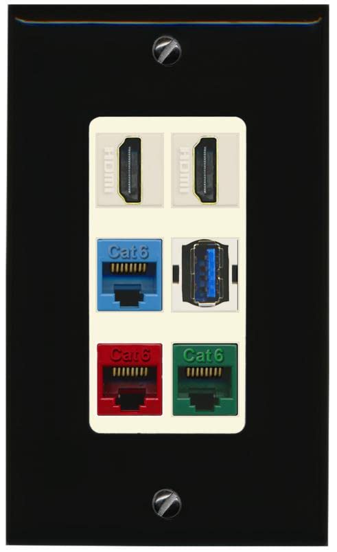 RiteAV 2 HDMI 3 Cat6 Ethernet USB3 Mixed Color Wall Plate - 1 Gang [Black/Light-Almond]