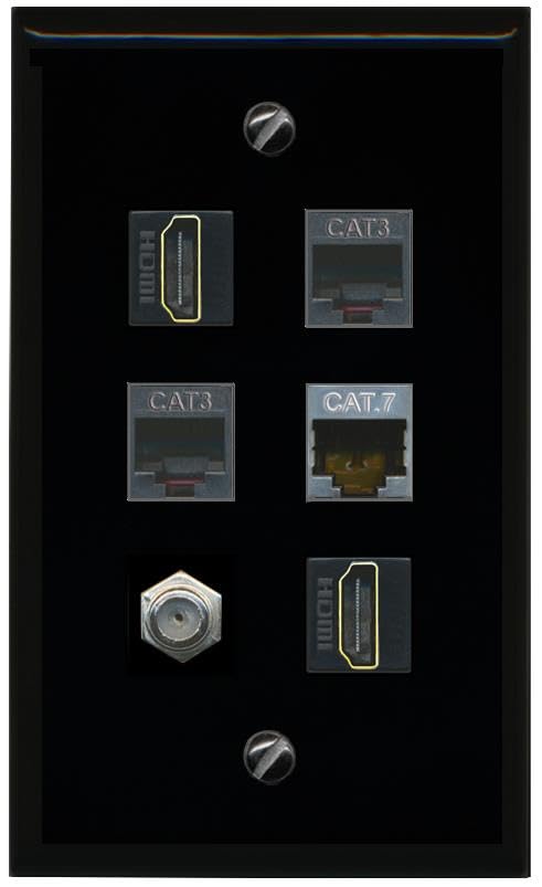 RiteAV CAT7 Coax 2 HDMI 2 Phone Flat/Solid Wall Plate [Black]