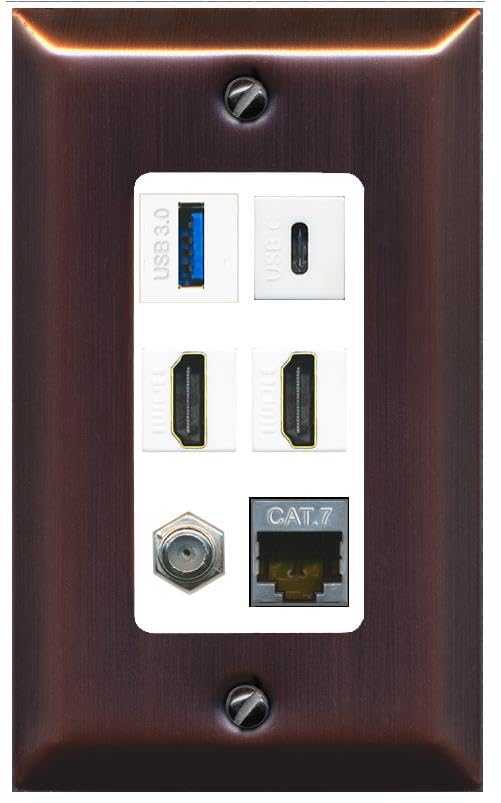 RiteAV USB 3 USB C 2 HDMI Coax Cat7 Wall Plate - 1 Gang [Brushed-Copper/White]