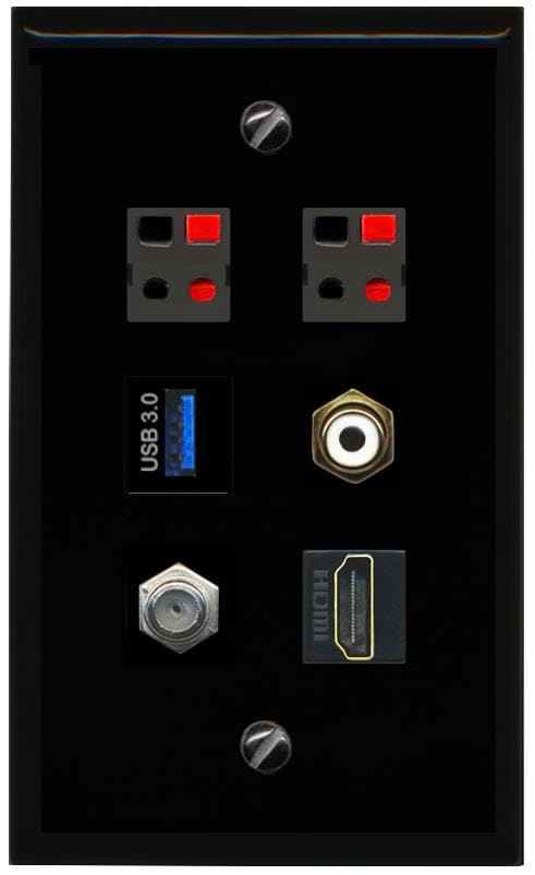 RiteAV COAX HDMI RCA WHITE 2 SPEAKER USB 3 Flat/Solid Wall Plate [Black]
