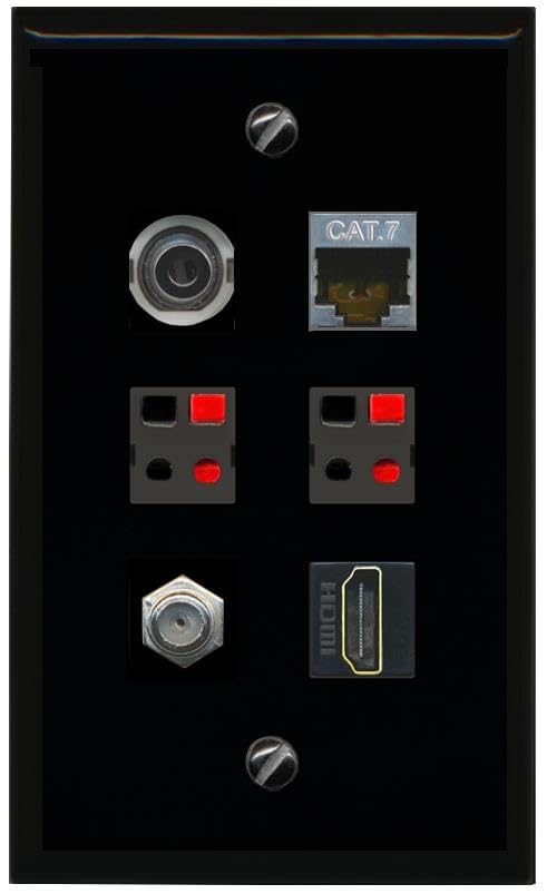 RiteAV 3.5mm CAT7 COAX HDMI 2 SPEAKER Flat/Solid Wall Plate [Black]