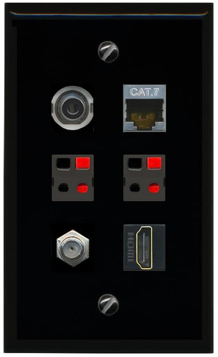 RiteAV 3.5mm CAT7 COAX HDMI 2 SPEAKER Flat/Solid Wall Plate [Black]