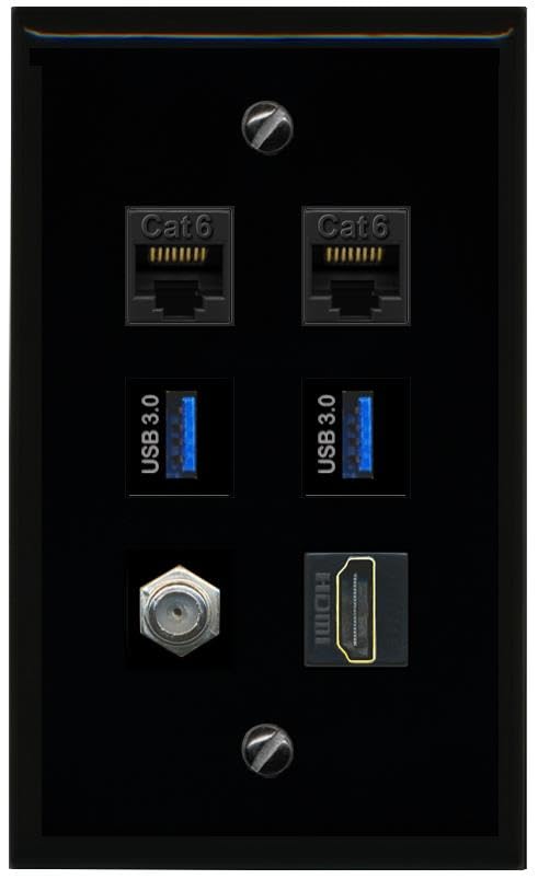 RiteAV 2 CAT6 Coax HDMI 2 USB 3 Flat/Solid Wall Plate [Black]