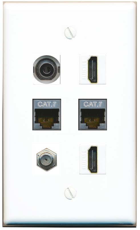 RiteAV 3.5mm 2 CAT7 Coax 2 HDMI Flat/Solid Wall Plate [White]