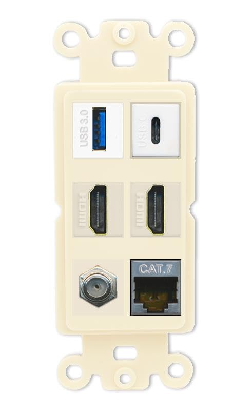 RiteAV USB 3 USB C 2 HDMI Coax Cat7 Wall Plate - Rocker [Light-Almond]