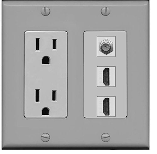 RiteAV - 15 Amp Power Outlet 2 Port HDMI 1 Port Coax Decorative Wall Plate - Gray