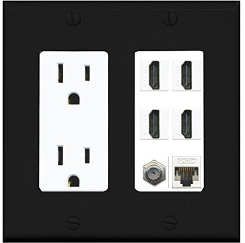 RiteAV 4 Port HDMI 1 Coax Cable TV- F-Type 1 Cat5E Ethernet Wall Plate - Outlet [Black/White]