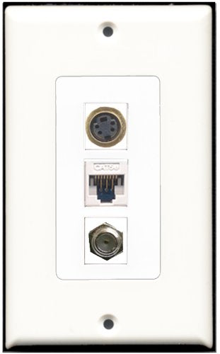 RiteAV 1 Port Coax Cable TV- F-Type 1 S-Video 1 Cat5e Ethernet White Wall Plate OVERSIZED