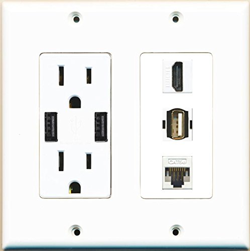 RiteAV Power Outlet 2 USB Charger HDMI White Cat5E USB A-A Wall Plate White