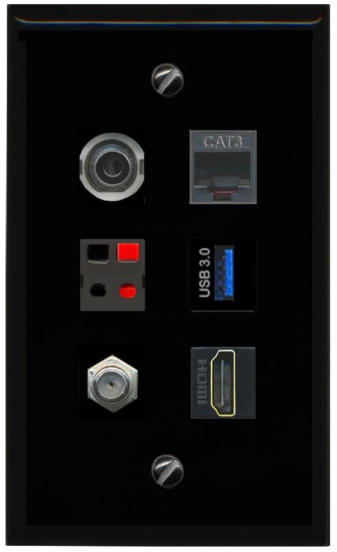 RiteAV 3.5mm COAX HDMI PHONE SPEAKER USB 3 Flat/Solid Wall Plate [Black]