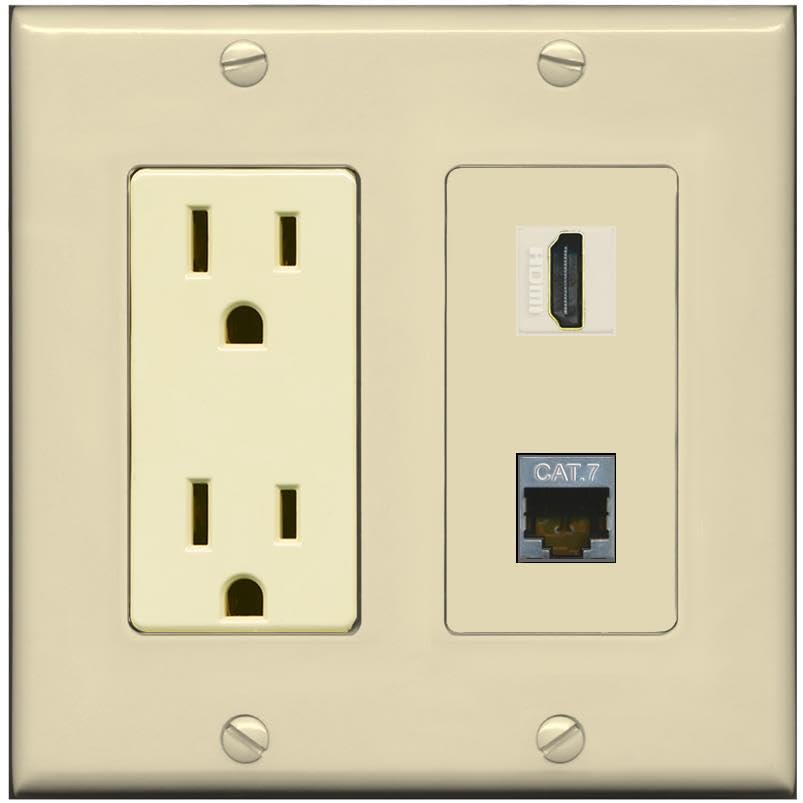 RiteAV HDMI and Cat7 Wall Plate - Outlet [Ivory/Ivory]