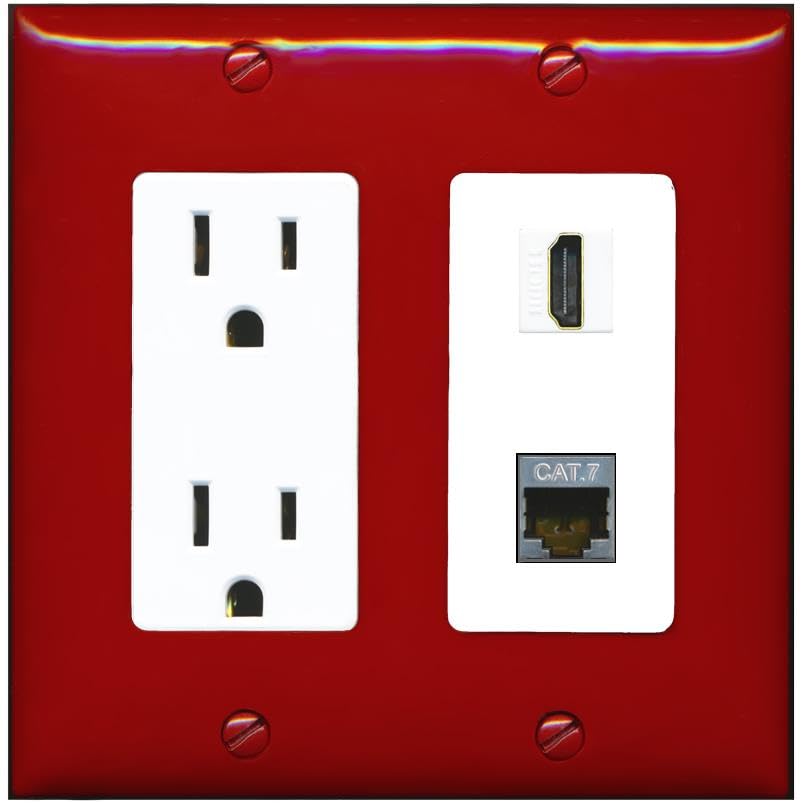 RiteAV HDMI and Cat7 Wall Plate - Outlet [Red/White]